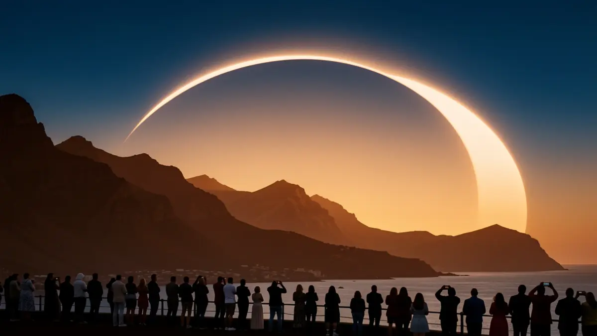 Representación estilizada de un eclipse solar parcial sobre el paisaje volcánico de Canarias, con siluetas de multitudes en zonas seguras.