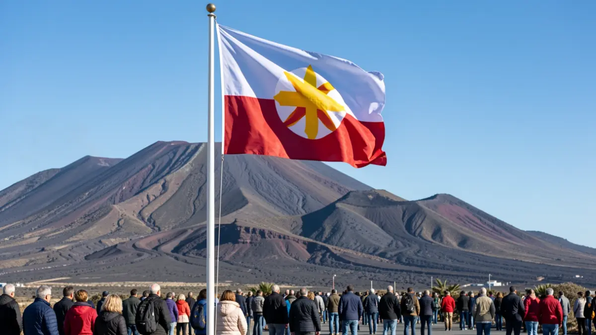 Bandera de Canarias ondeando con paisaje volcánico de fondo.