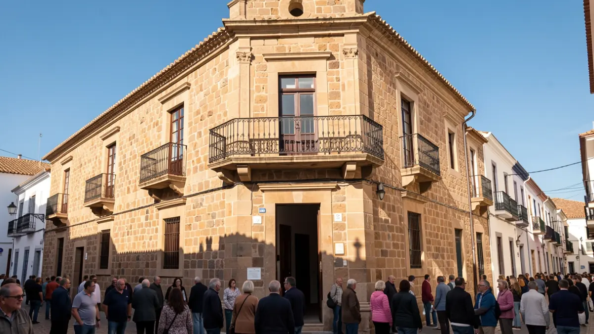 Fachada de un ayuntamiento tradicional canario con balcón y barandillas de hierro. Luz cálida de tarde.