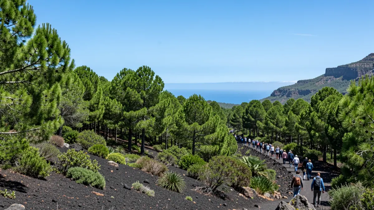 Imagen genérica de un bosque canario con suelo volcánico y cielo azul.