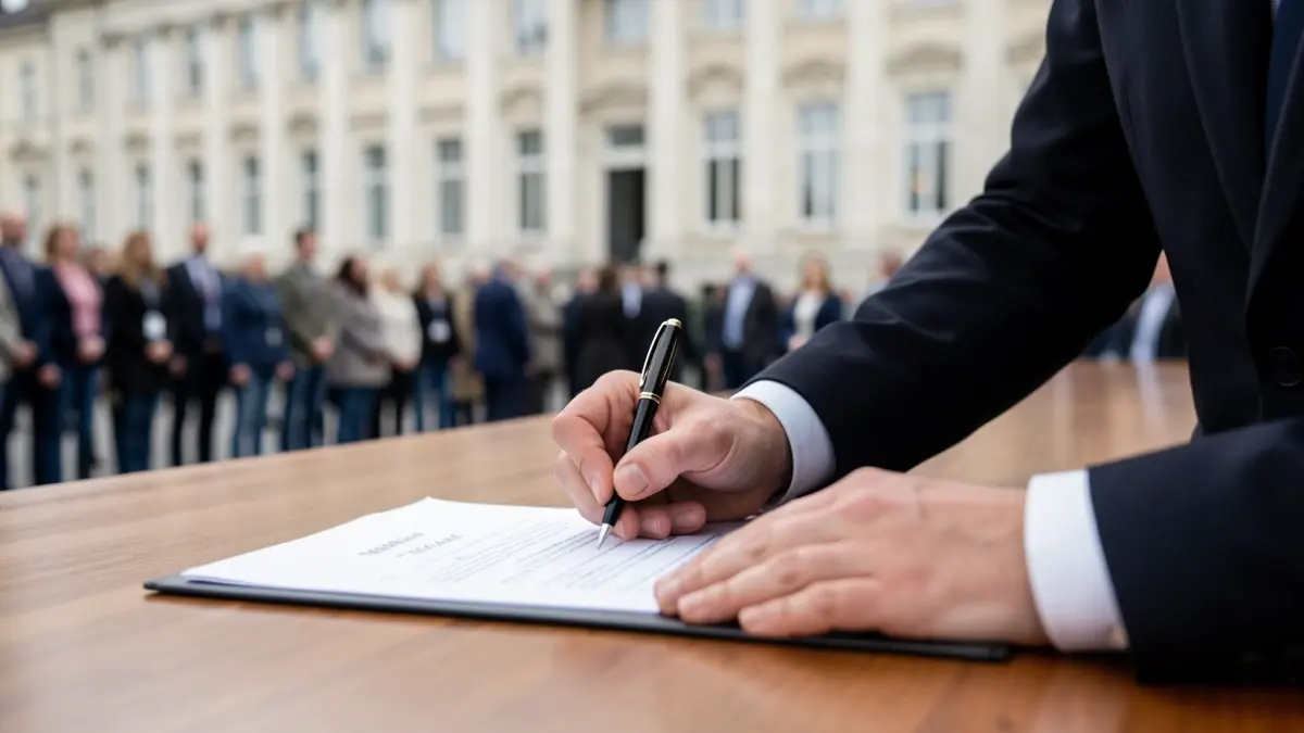 Manos de un cargo público firmando un documento oficial en una mesa de madera.