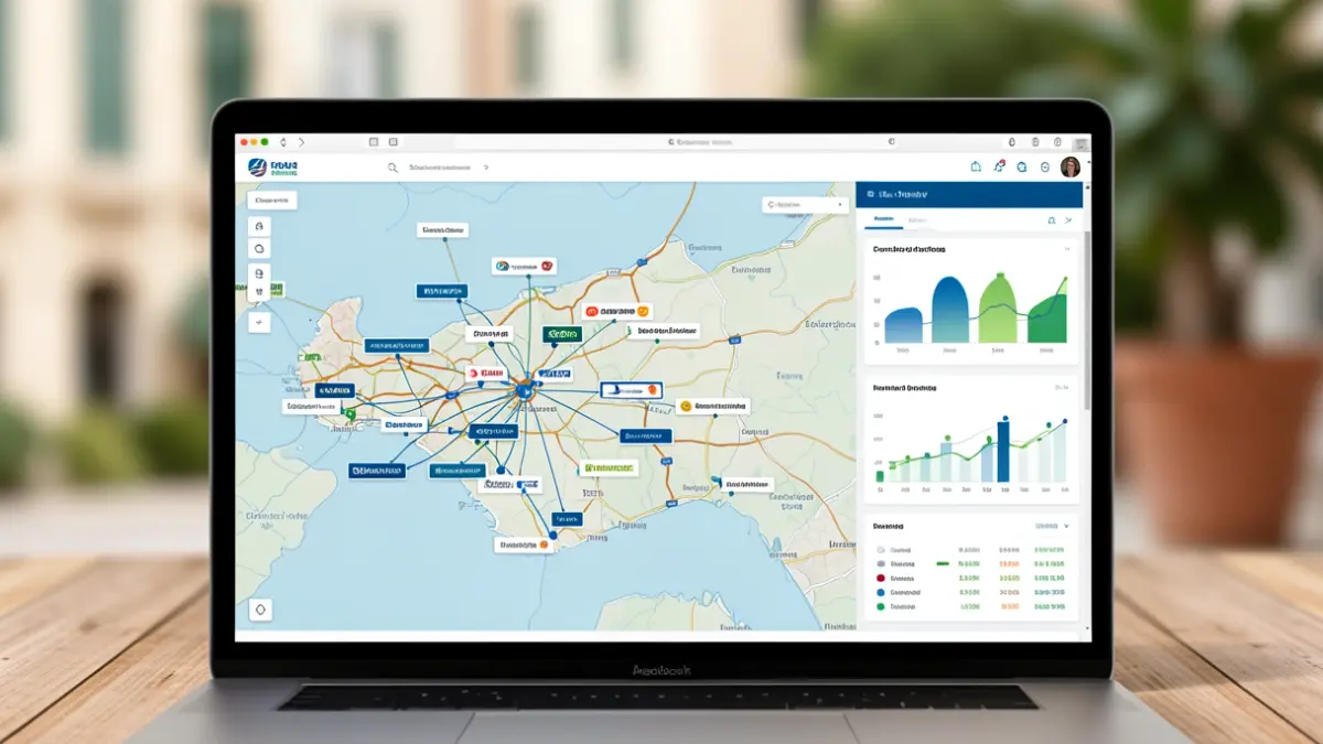 Interfaz digital del Registro de Operadores del Transporte Terrestre de Canarias con mapa y datos.