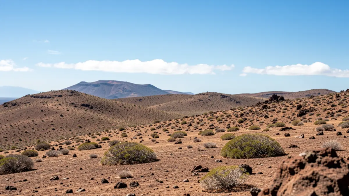 Paisaje volcánico de Gran Canaria bajo un sol abrasador.