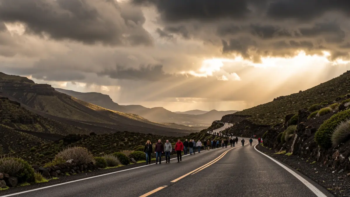 Imagen genérica de un paisaje volcánico de Canarias con nubes de tormenta y sol.