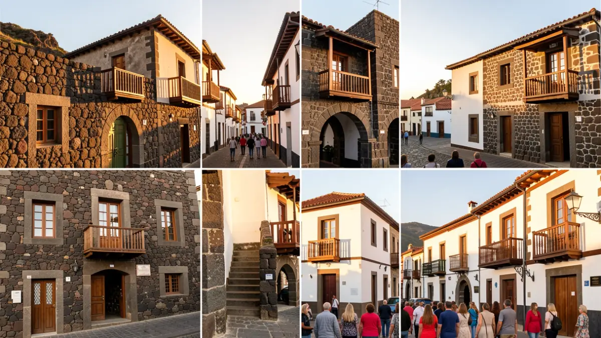 Facades of Canary Islands town halls with traditional architecture under the sunset light.