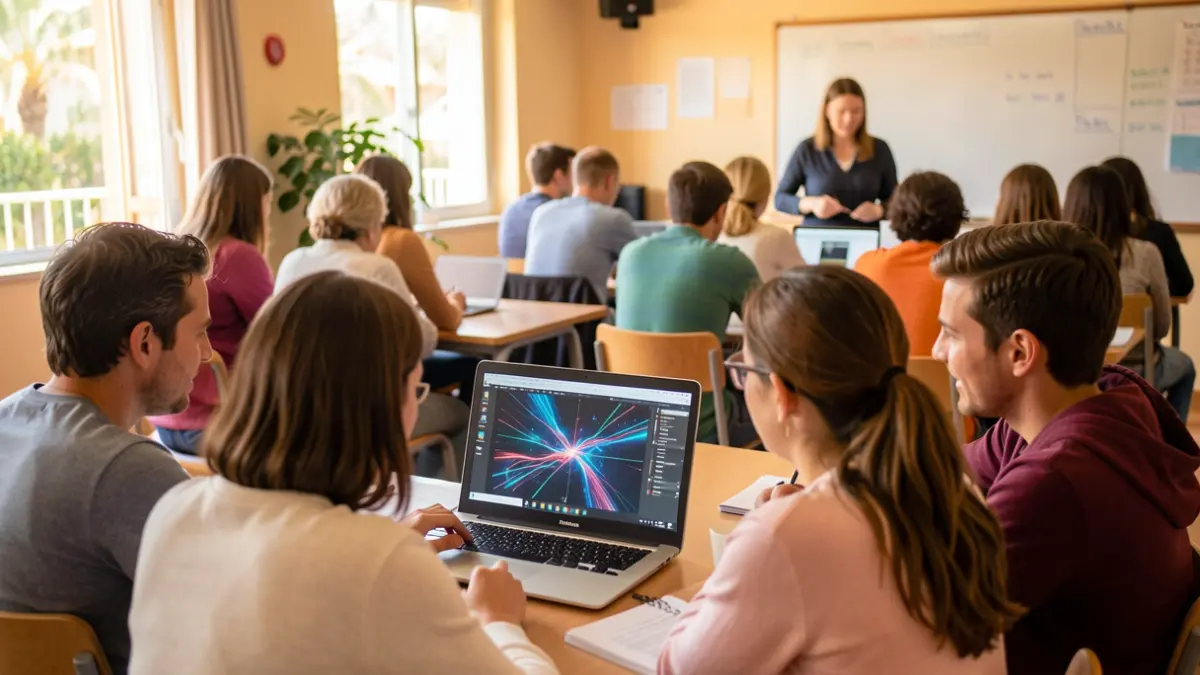 Image of a classroom in the Canary Islands with integrated technology, showing teacher-student interaction.
