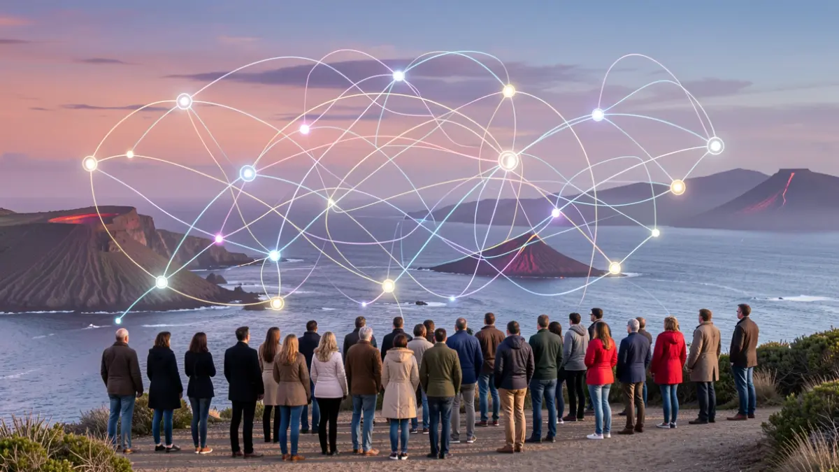 Representación abstracta de la transformación digital y el flujo de datos en Canarias.