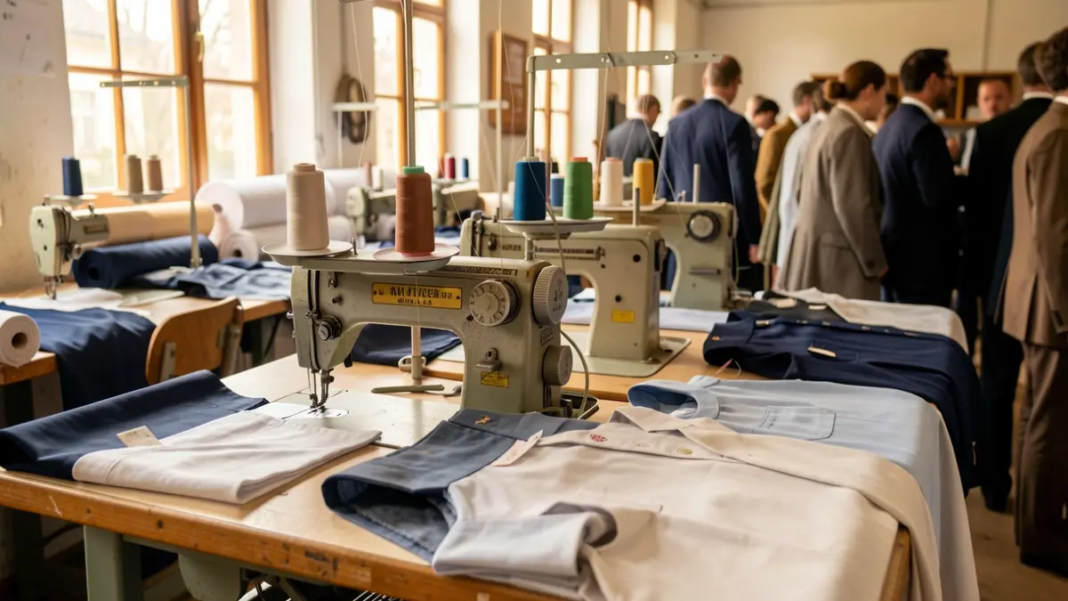 Industrial sewing machines in a workshop, with rolls of fabric and uniforms in progress.