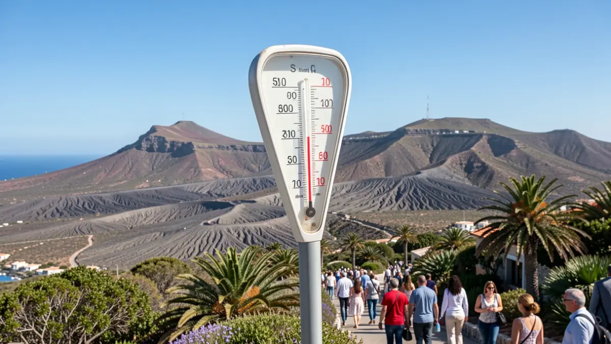 Termómetro mostrando alta temperatura con paisaje volcánico de Canarias.