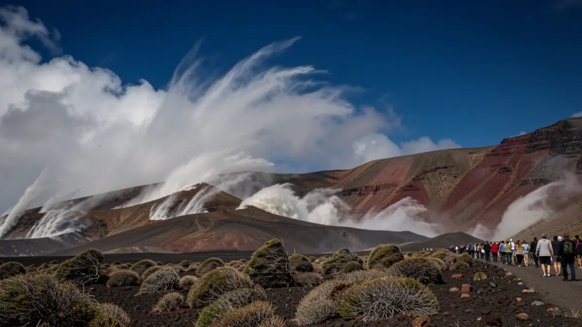 Imagen genérica de fuertes vientos azotando un paisaje volcánico en Canarias con nubes turbulentas.