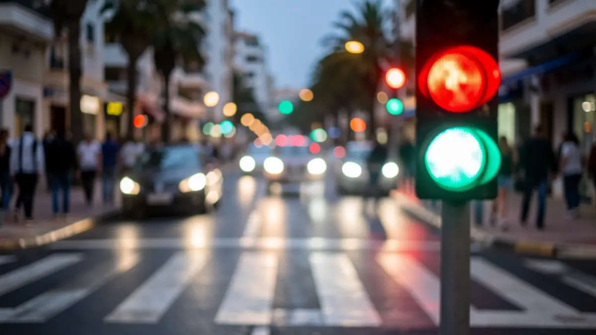 Generic image of a traffic light at a pedestrian crossing at dusk.