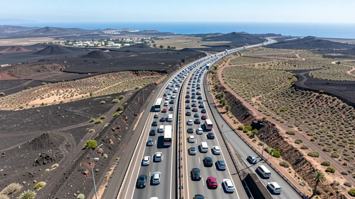 Vista aérea de la autopista GC-1 o GC-3 en Gran Canaria con tráfico denso y el paisaje volcánico al fondo.