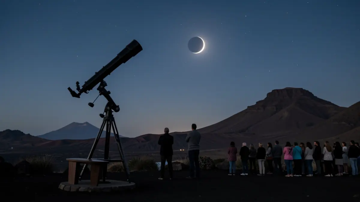 Image of a partial solar eclipse visible over the volcanic landscape of the Canary Islands, with a telescope and observers.