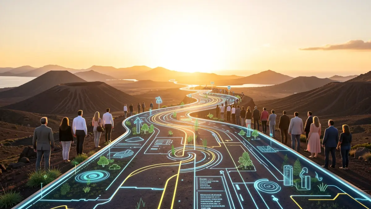 Symbolic image of future planning in the Canary Islands with a path towards the horizon over a volcanic landscape.