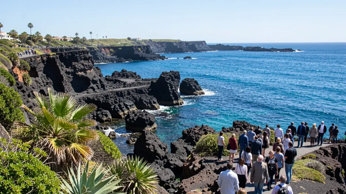 Imagen genérica de la costa de Canarias con formaciones rocosas volcánicas y vegetación subtropical.