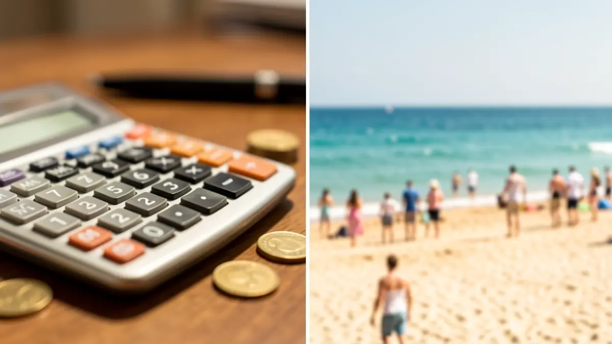 Imagen que combina elementos económicos como calculadoras y monedas con una vista turística de playa y mar en Canarias.