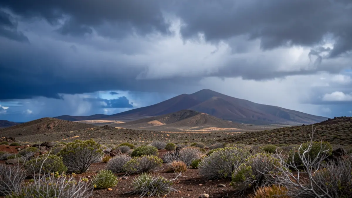 Cielo nublado y amenazante sobre un paisaje volcánico de Canarias, con vegetación azotada por el viento.