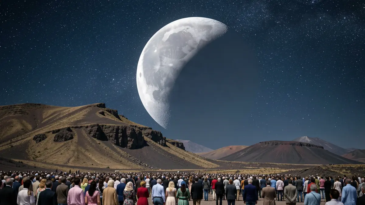 Partial lunar eclipse seen from the Canary Islands, with Earth's shadow covering the Moon and the volcanic landscape of the islands.