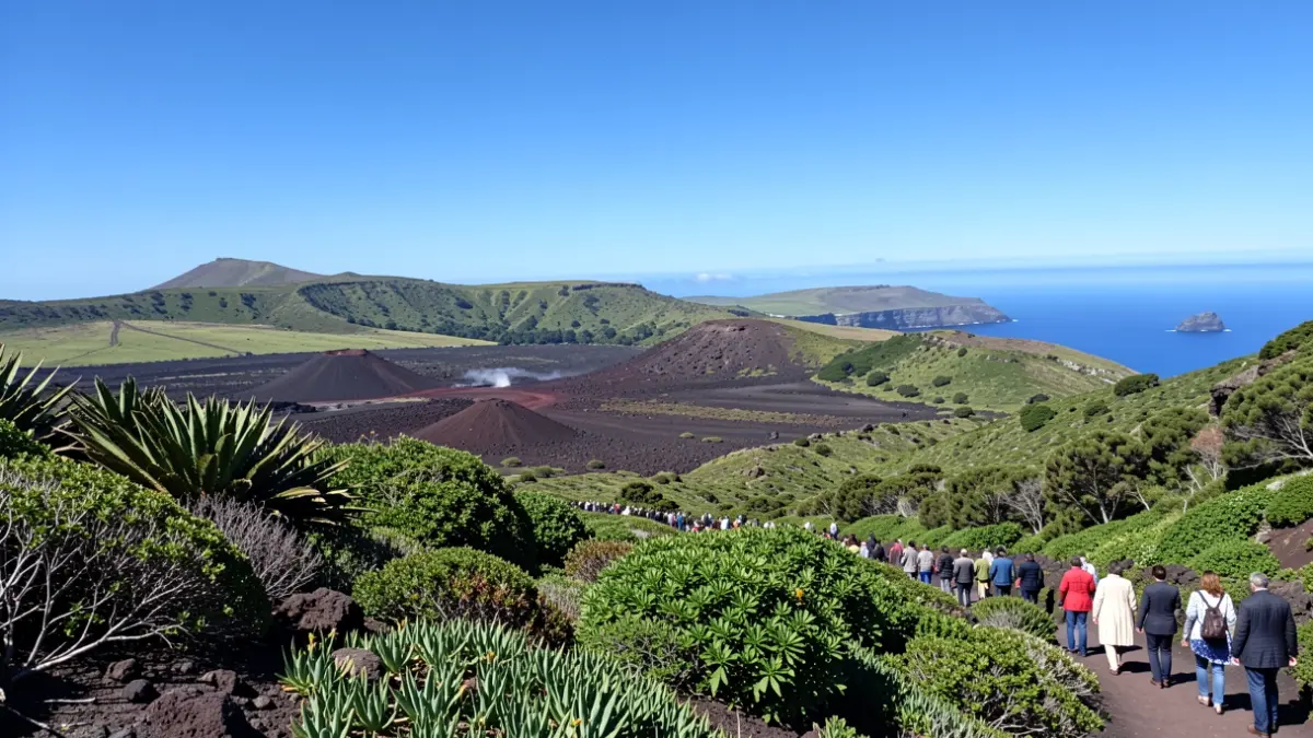 Generic image of the volcanic landscape of the Canary Islands with vegetation and the sea.