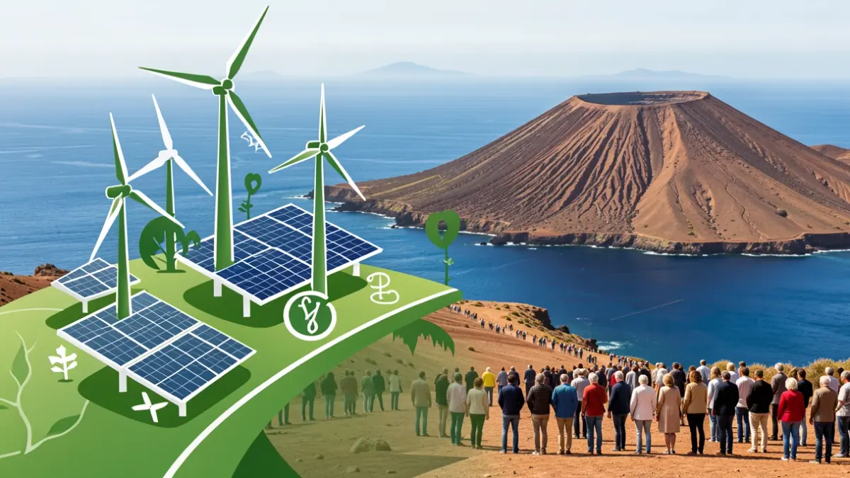 Imagen simbólica de un sistema sanitario verde y sostenible en Canarias, con energías renovables y elementos médicos sobre un paisaje volcánico.