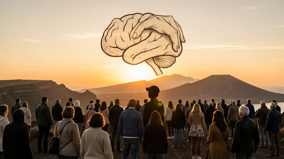 Representación simbólica de la salud mental y los trastornos alimentarios en Canarias, con elementos abstractos y el paisaje volcánico de las islas.