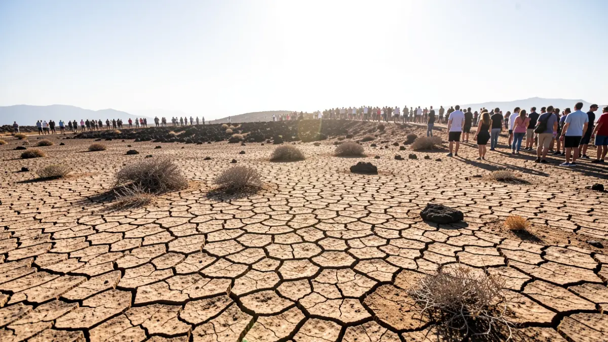 Paisaje árido y agrietado bajo un sol intenso, simbolizando la ola de calor en Canarias.