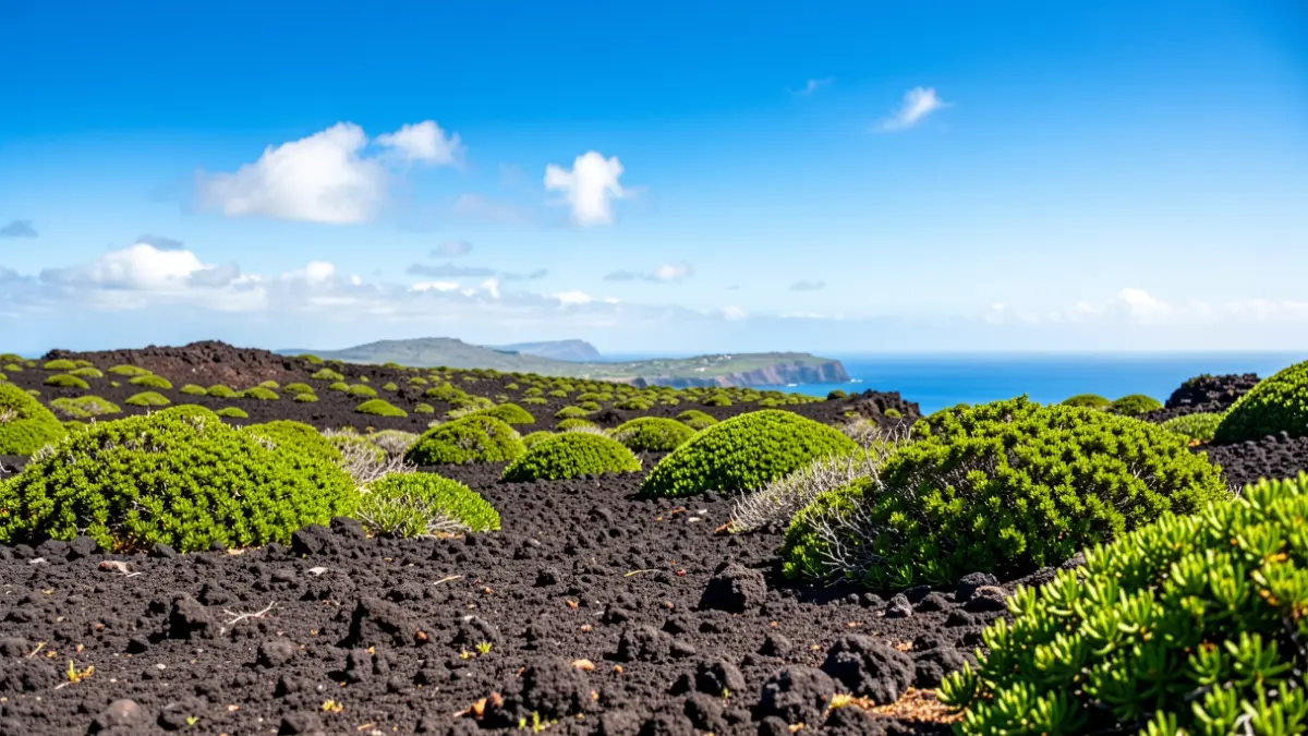 Generic Canarias landscape with volcanic soil and green vegetation under a bright blue sky.