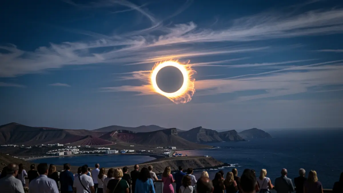 Imagen de un eclipse solar anular con el 'anillo de fuego' visible sobre el paisaje volcánico de Canarias.