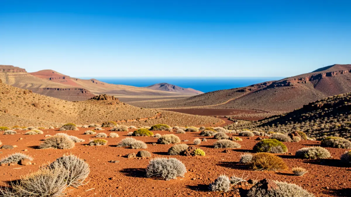 Volcanic landscape of Gran Canaria with arid terrain and sparse vegetation under a sunny sky.