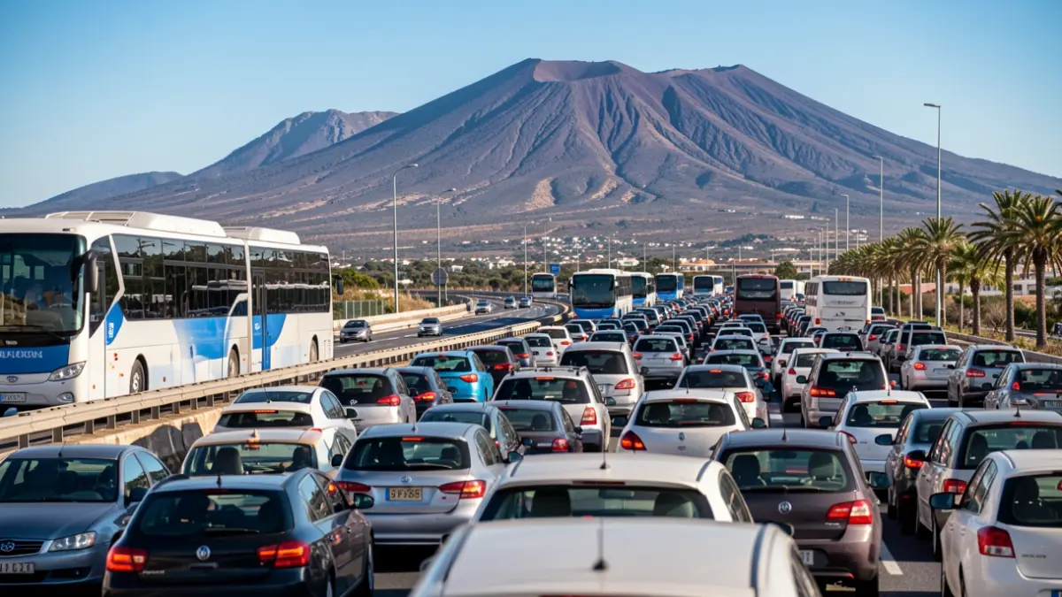 Image of a massive traffic jam on a highway in the Canary Islands, with volcanic mountains in the background.