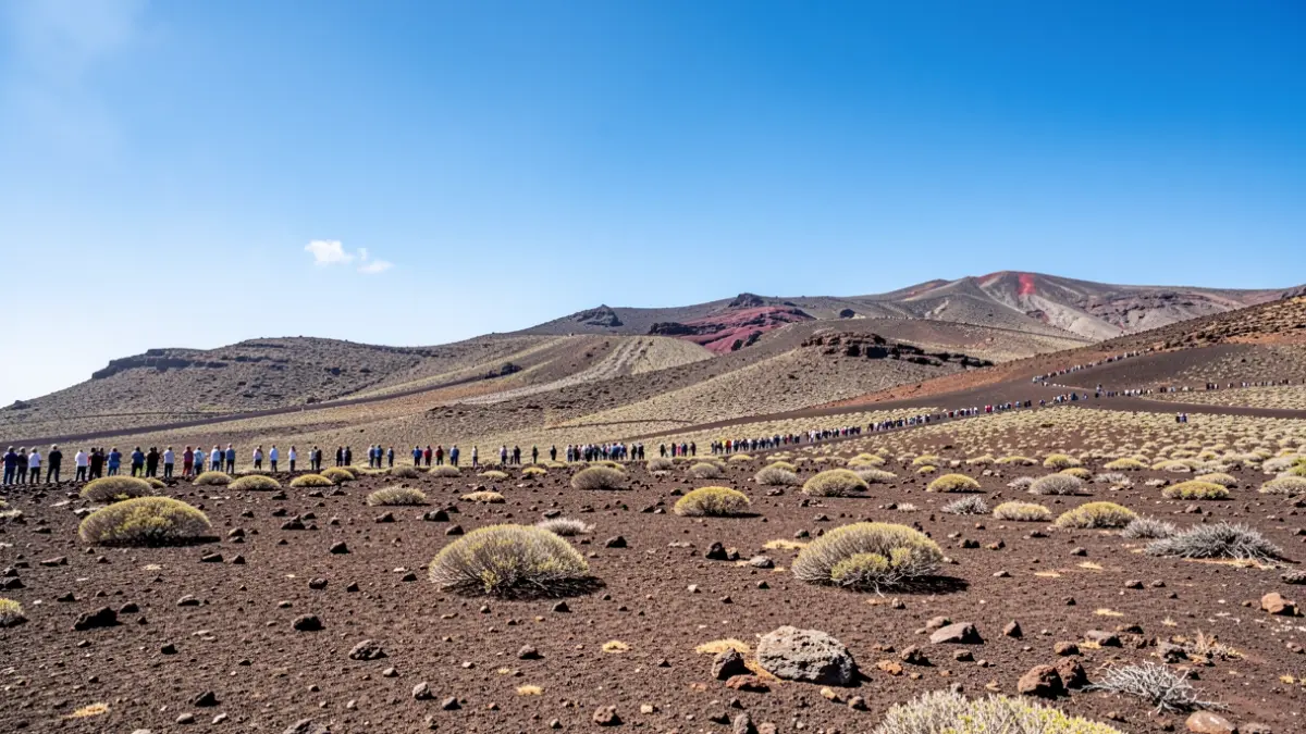 Paisaje volcánico de Gran Canaria con tierra seca y vegetación escasa bajo un cielo azul brillante, sugiriendo altas temperaturas.
