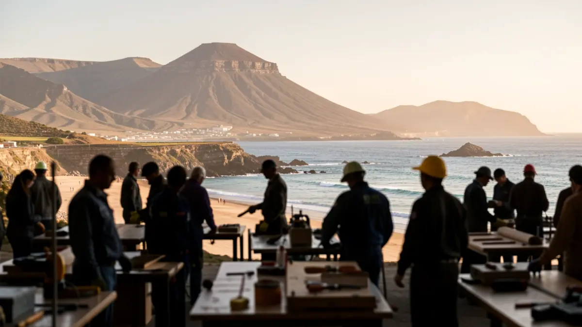 Imagen genérica de paisajes volcánicos y playas de Canarias con siluetas de trabajadores y espacios de trabajo vacíos.