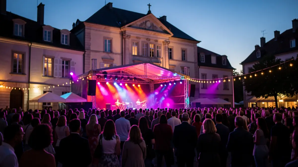 Scene of an outdoor stage in front of a town hall at dusk, with colorful lights and a blurred audience.