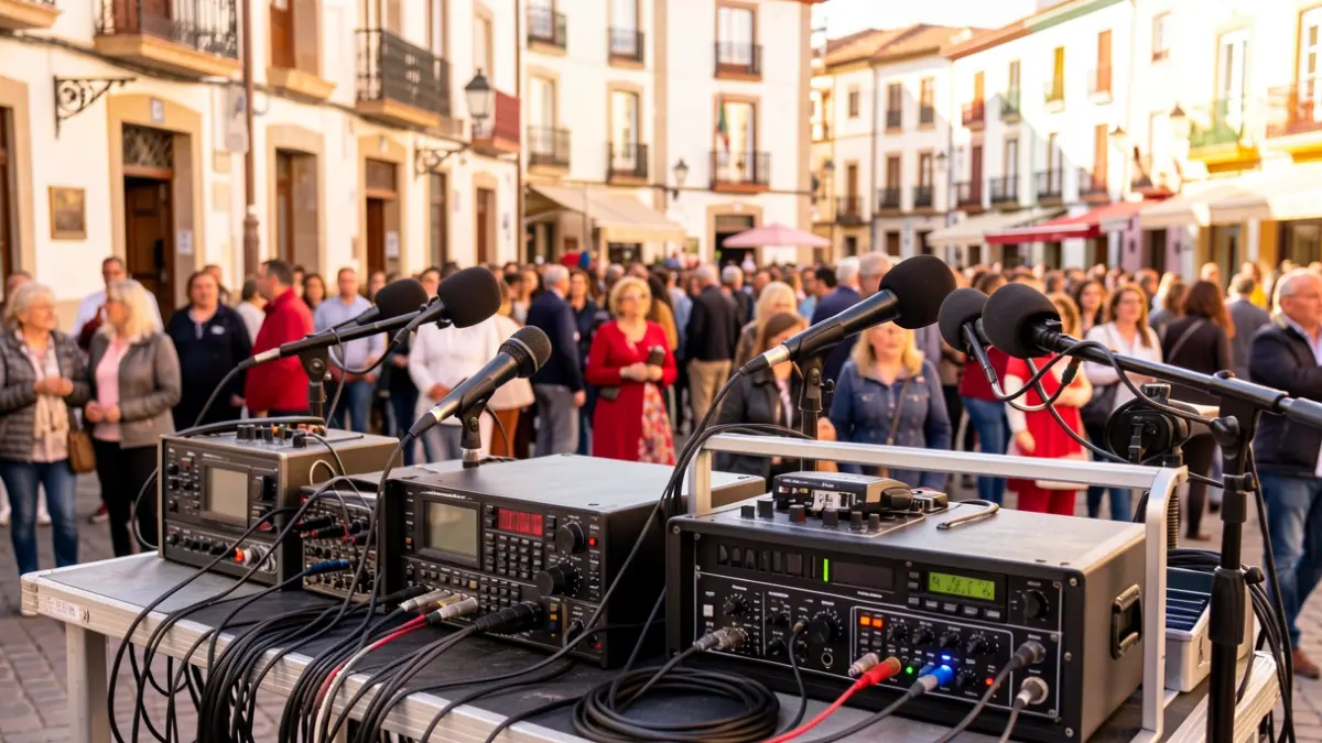 Imagen de varias emisoras de radio instalando sus equipos en la Plaza de la Cruz Pérez de Candelaria para un evento especial.