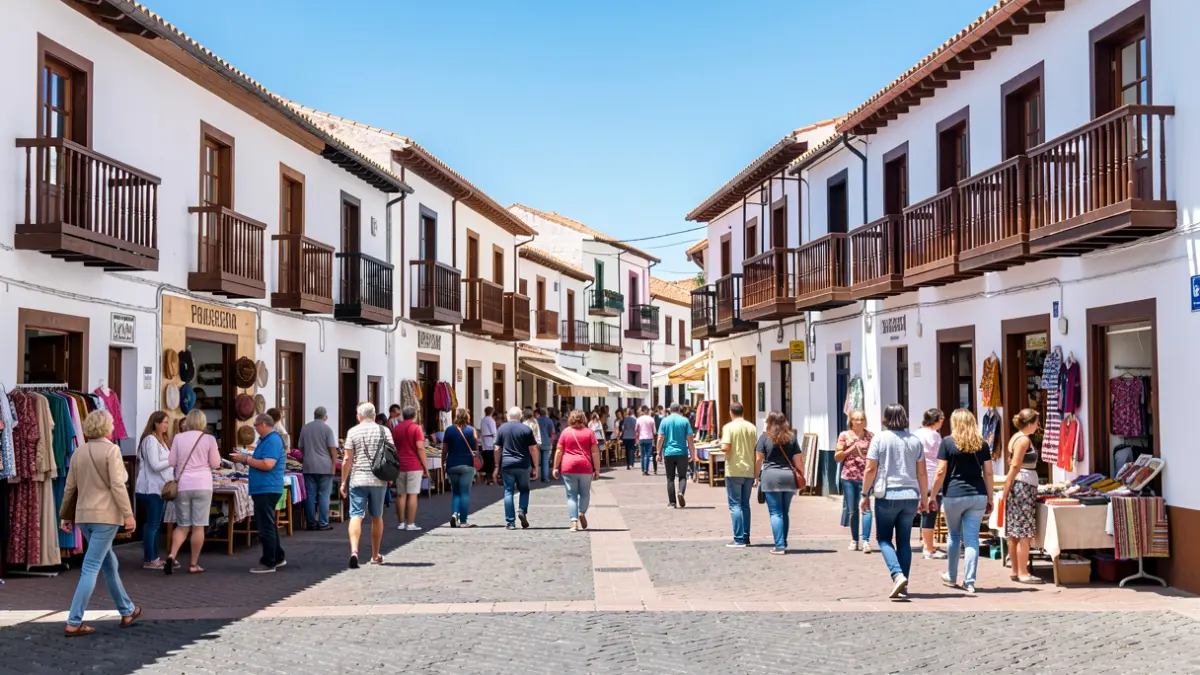 Generic image of a commercial square in Candelaria, Tenerife, with shops and people.
