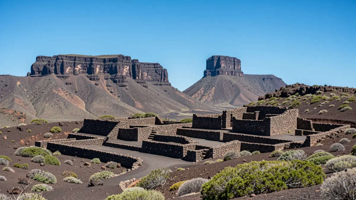 Vista panorámica de los centros de interpretación del patrimonio natural y cultural de Gran Canaria, incluyendo Risco Caído y Roque Bentayga.