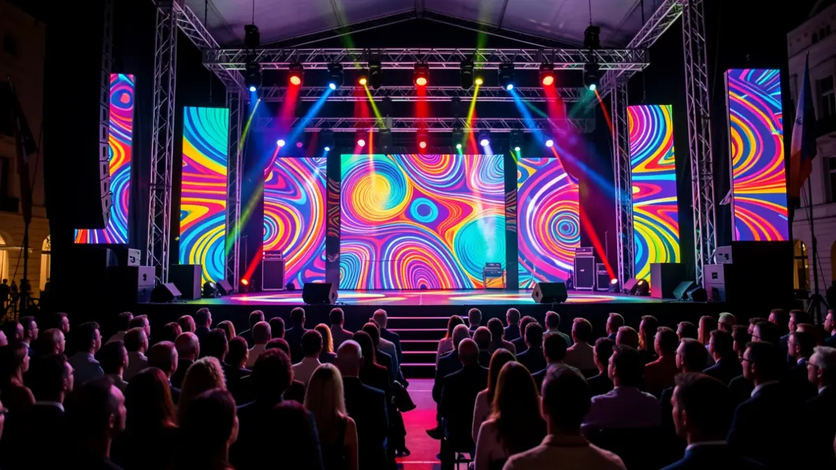 Imagen genérica de un escenario con proyecciones visuales inspiradas en las décadas de los 80, 90 y 2000.