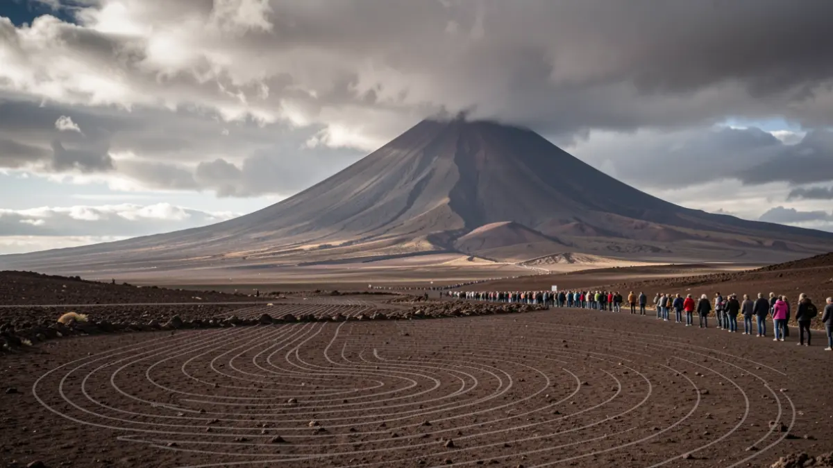 Imagen genérica de un paisaje volcánico de Tenerife con el Teide y patrones de ondas sísmicas.