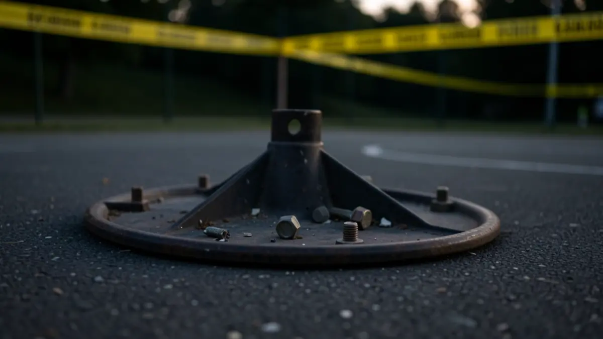 Image of a broken basketball hoop on a sports court.