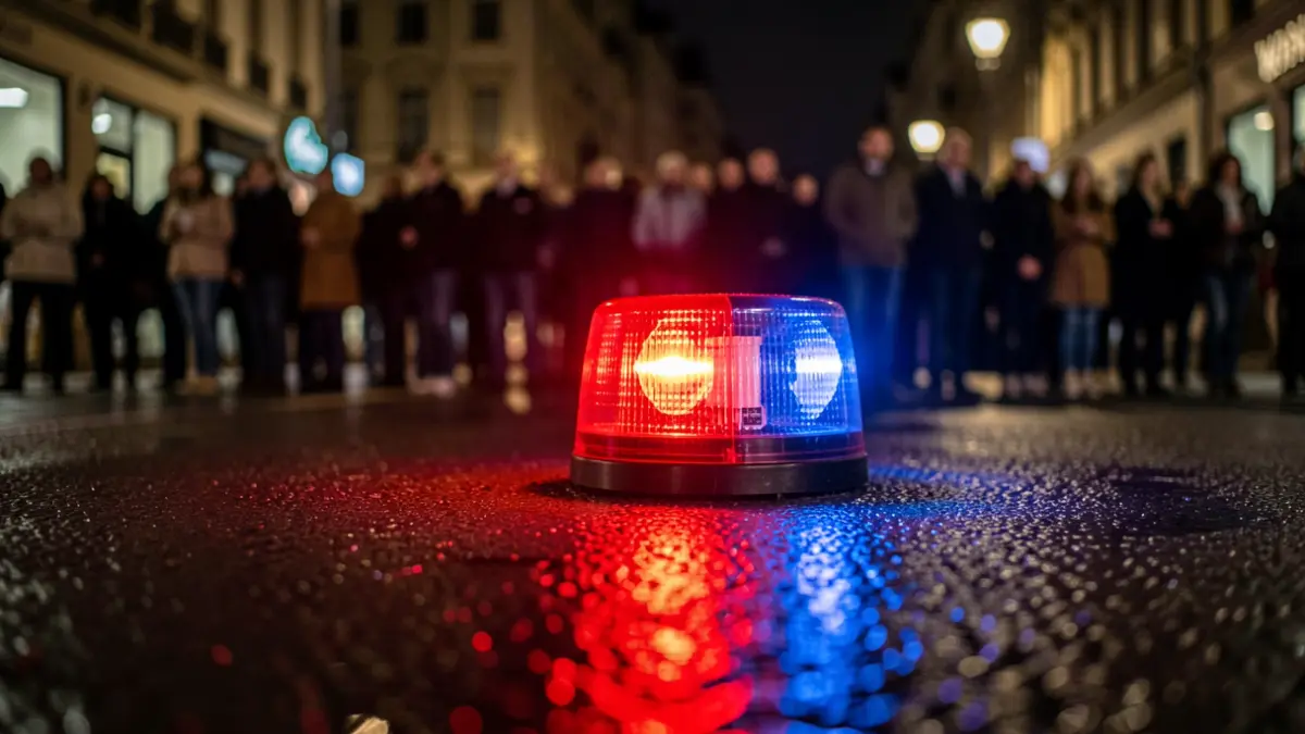 Imagen genérica de luces de emergencia policiales reflejándose en asfalto mojado.