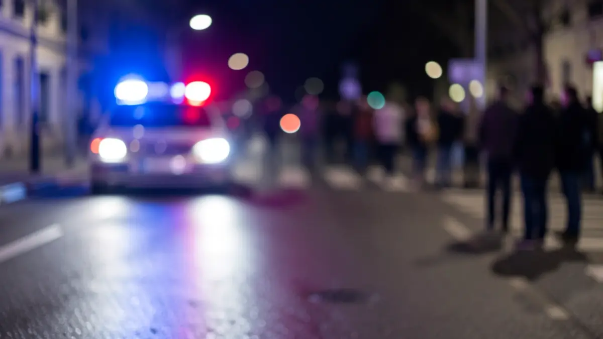 Generic image of police emergency lights reflecting on wet asphalt.