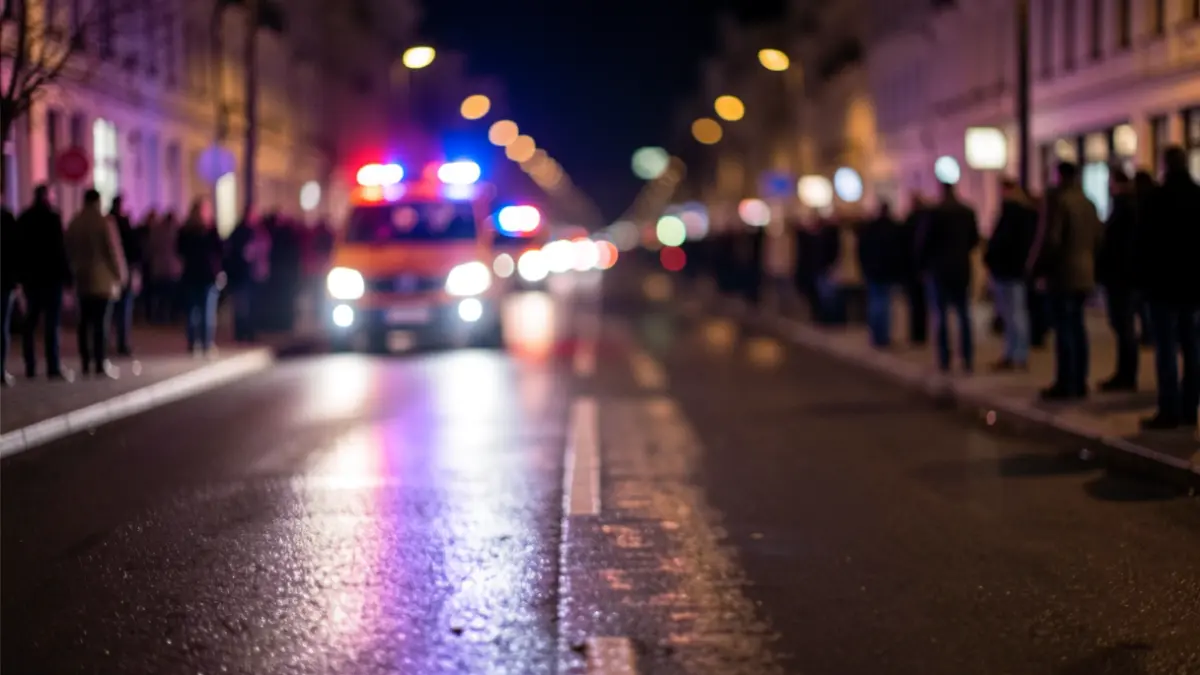 Generic image of emergency lights reflecting on wet asphalt at night.