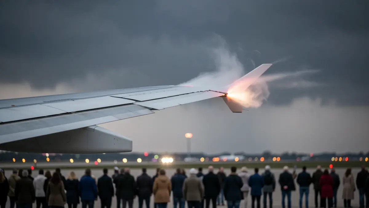 Close-up of an airplane's wingtip during a turbulent landing with blurred runway lights and a stormy sky.