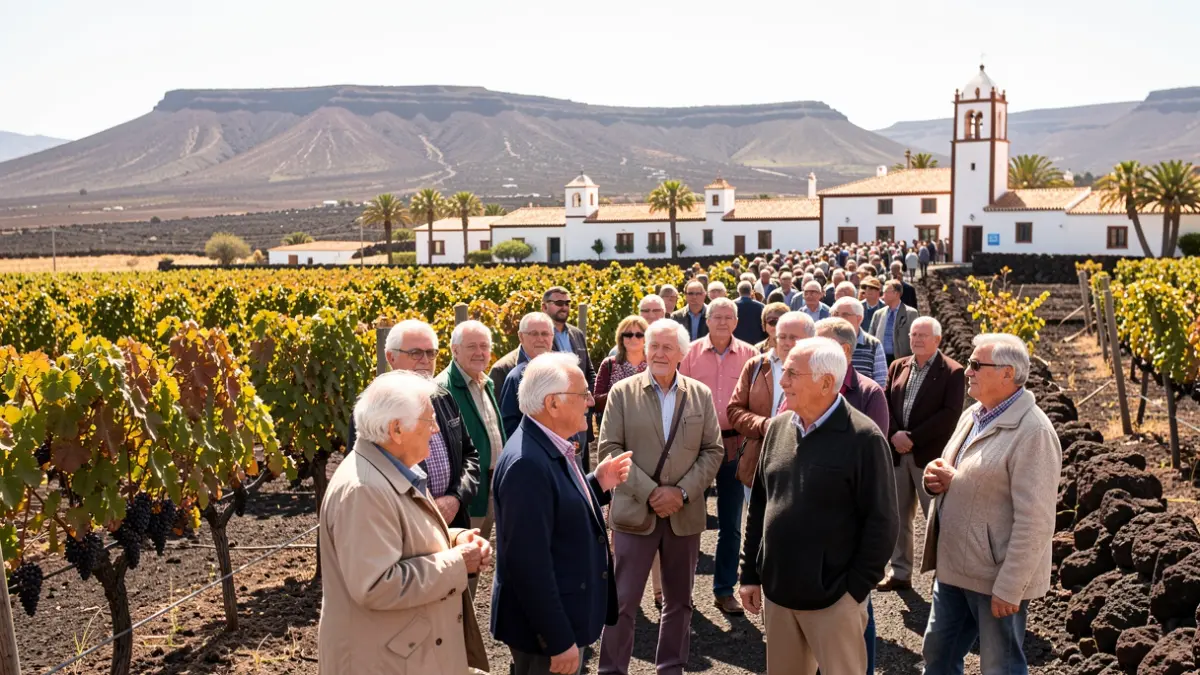 Personas mayores visitando una bodega en Gran Canaria con paisaje volcánico.