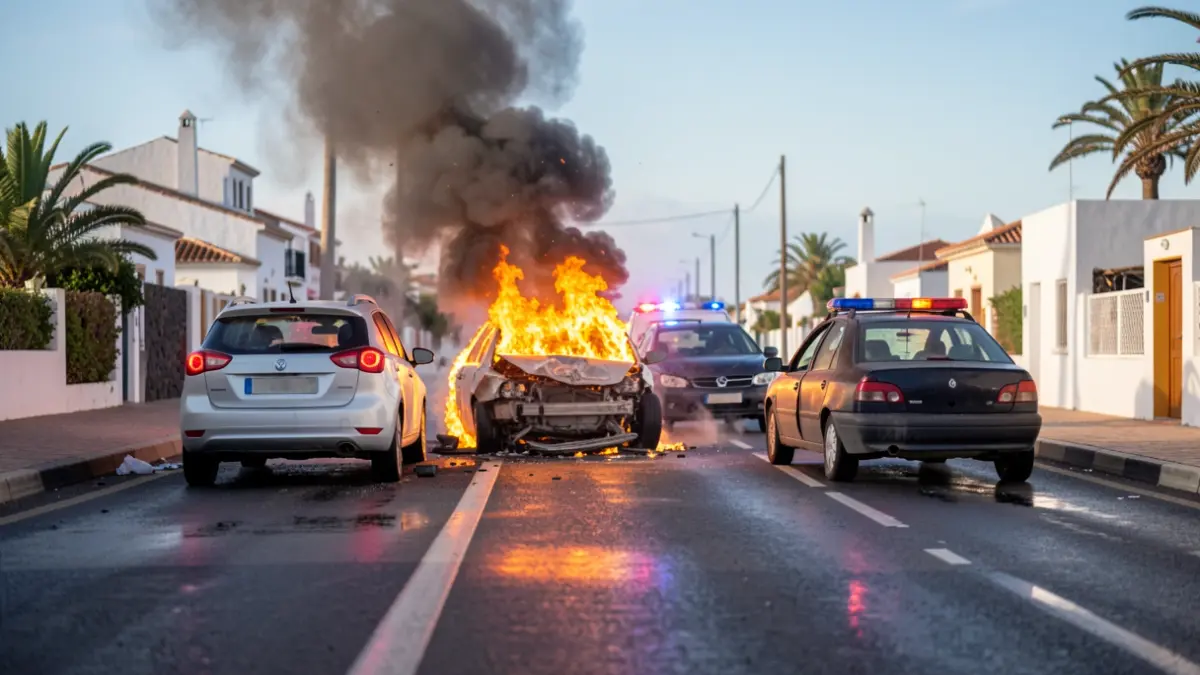 Vehículo incendiado tras un accidente de tráfico en Costa Teguise.