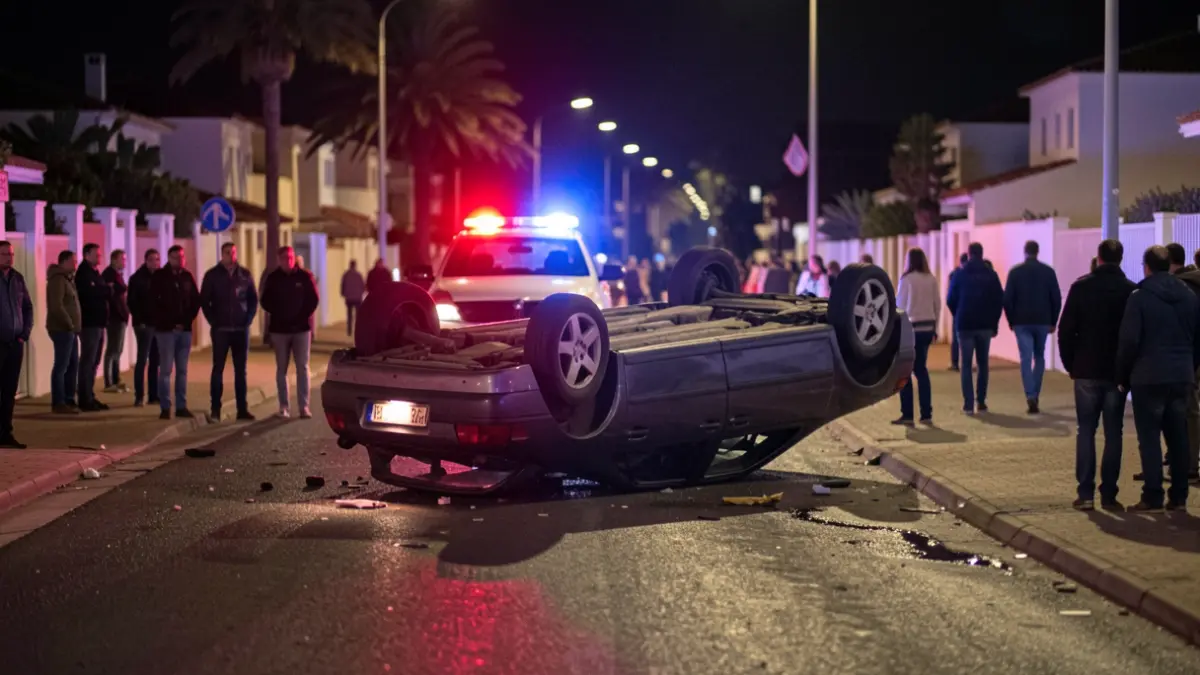 Image of an overturned car on a street in Puerto Calero at night, with emergency lights.