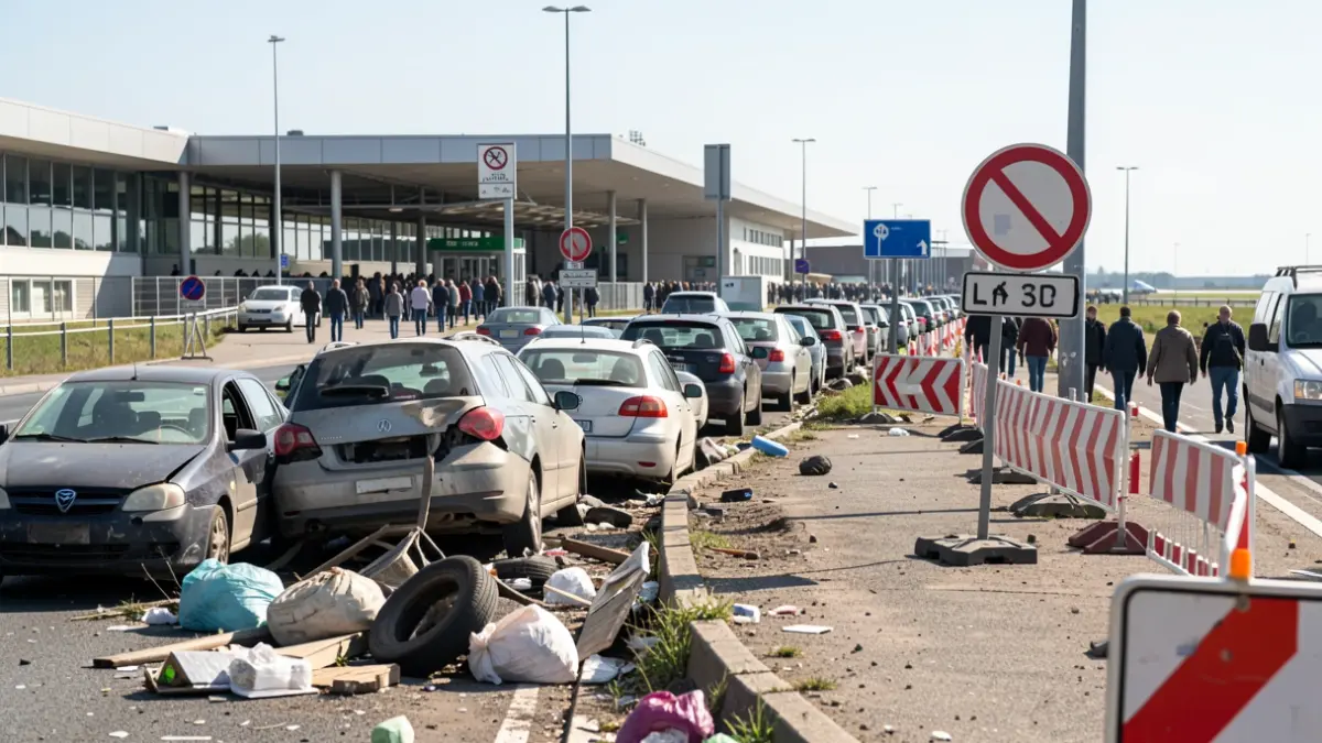 Imagen de coches abandonados en el arcén de la carretera de acceso al aeropuerto de San Bartolomé, con señales de obras.