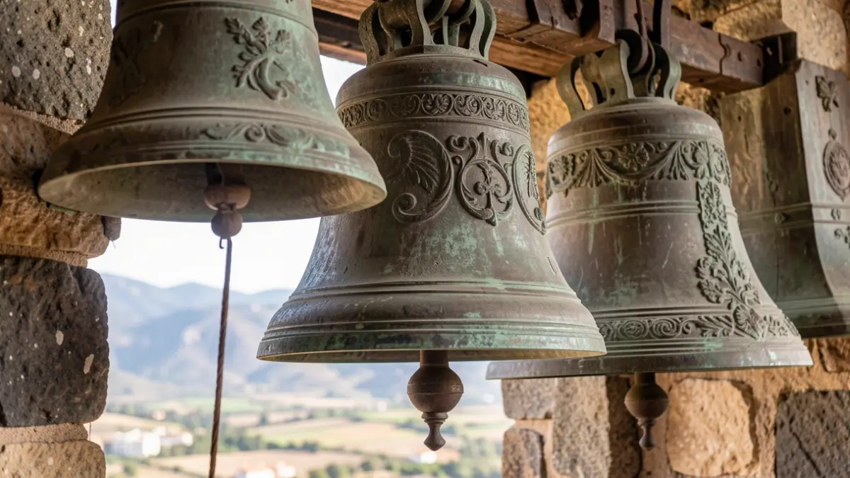 Close-up of old bronze bells in a stone bell tower, with natural light and a Canarias landscape in the background.