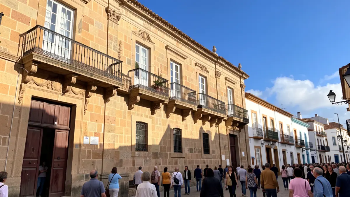 Facade of a stone town hall with balcony and iron railings, afternoon sunlight.