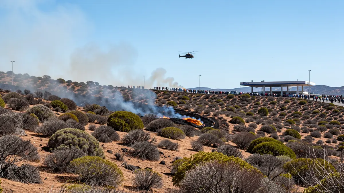 Image of a brush fire outbreak on a scrub-covered hillside in Tenerife, near a gas station, with an emergency helicopter.